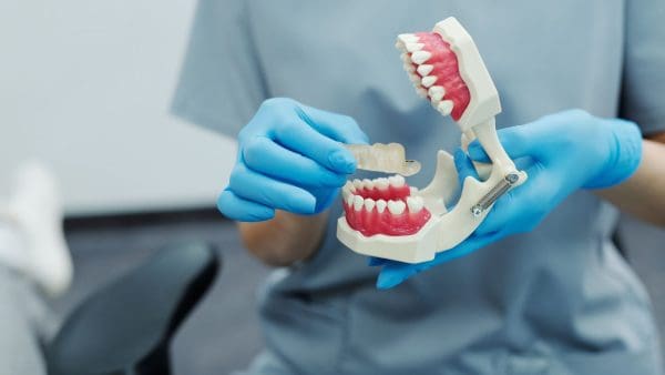 Gloved hands holding an articulated jaw model that shows overjet vs overbite